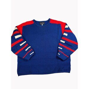 Vintage Lido California Mens Medium Blue Sweater Red White Striped Sleeves